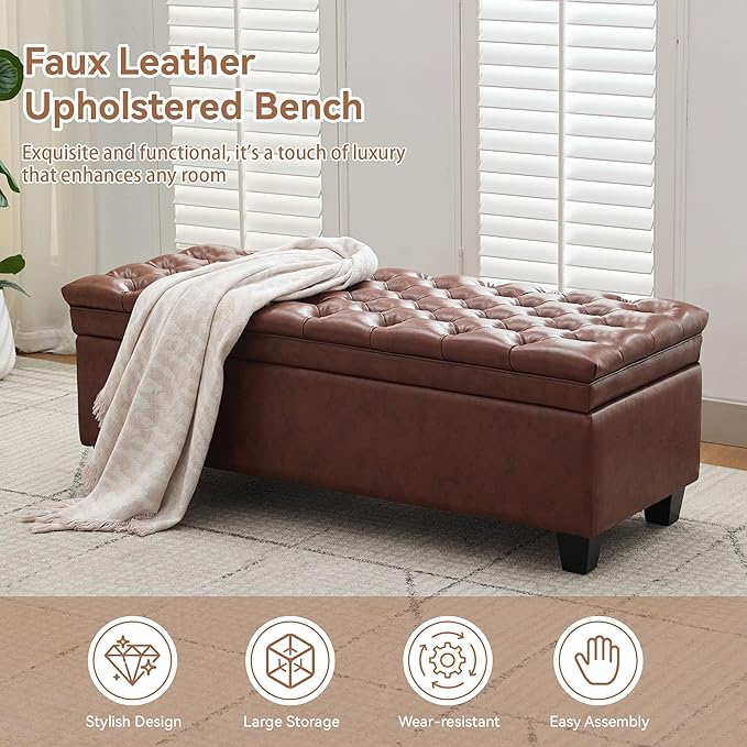 50" Faux Leather Storage Ottoman Bench, Upholstered Rectangle End of Bed Storage Ottoman Tufted Living Room Bedroom Bench with Safety Hinge, Solid Wood Legs, Loads 500 lb(Brown)