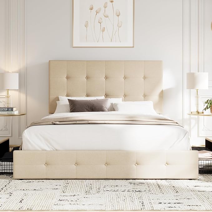 Allewie Upholstered Queen Size Platform Bed Frame with 4 Storage Drawers and Headboard, Square Stitched Button Tufted, Mattress Foundation with Wooden Slats Support, No Box Spring Needed, Beige