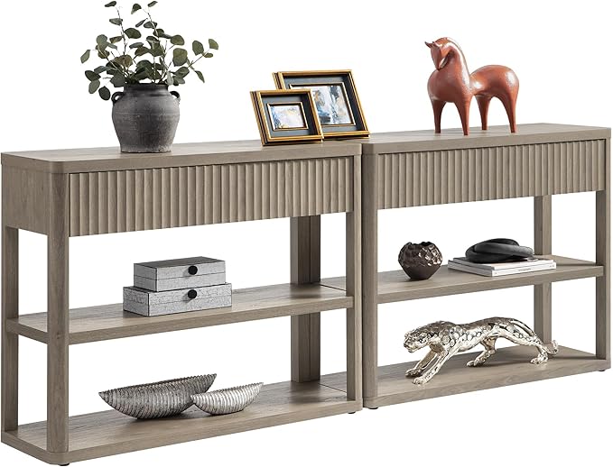 SICOTAS Fluted Entryway Table with Storage, 88.26" W Console Table with 4 Drawers & 4 Tier Storage Shelves, Modern Sofa Table Behind The Couch for Living Room, Entrance, Hallway, Foyer, Grey Alder