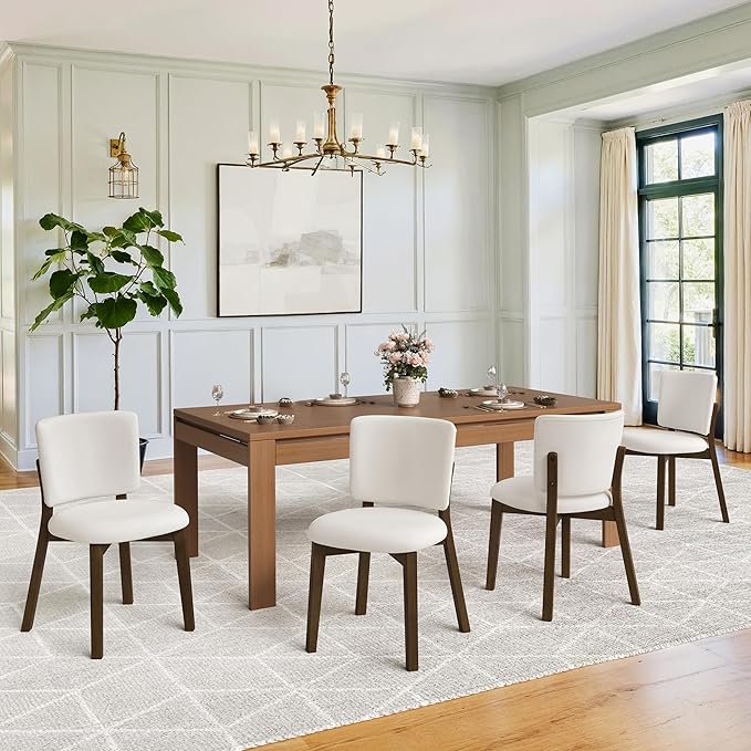 LUE BONA Wooden Dining Chairs Set of 4, Comfortable Wide Back Kitchen Side Chairs, Strong Thick Legs for Modern Farmhouse Dining Room, Beige Upholstered and Dark Brown Leg