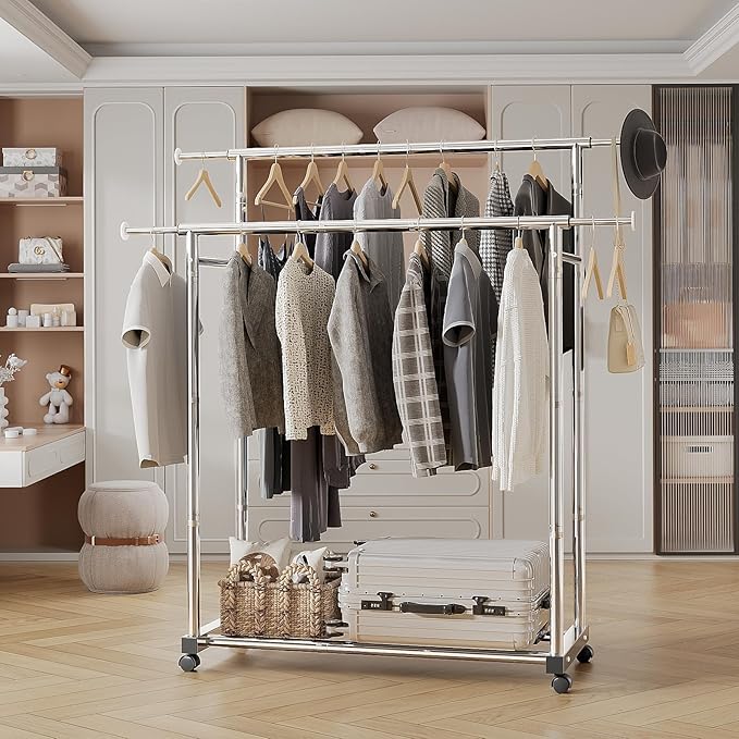 Clothes Rack for Hanging Clothes, Stainless Steels Coat Rack with Wheels, Clothing Rack, Garment Rack, Portable Closet, Portable Closet, Adjustable Length
