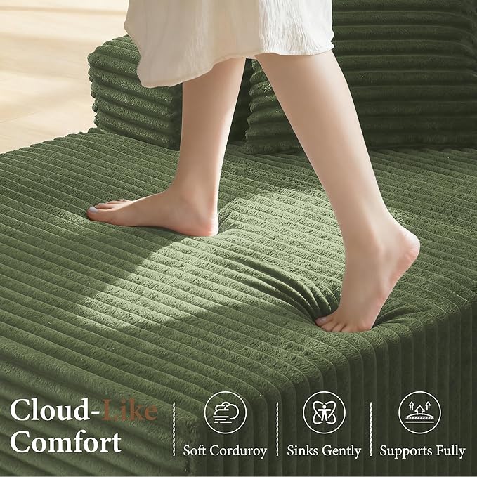 133" Couches for Living Room Deep-Seat Sectional Couch for Living Room Corduroy Boneless Couchs U-Shape Cloud Couch Flexible Modular Sectional Sofa with Chaise Lounge (Green, with Cup Holder)