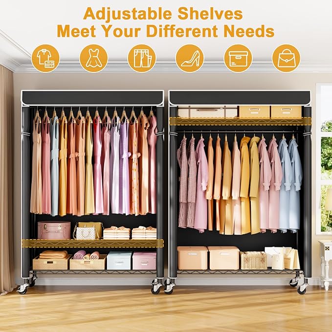 P6C Plus Rolling Clothes Rack with Cover, Covered Clothing Rack Heavy Duty, Portable Closet for Hanging Clothes, Garment Rack on Wheels, Black Closet Rack with Black Cover, Max Load 375LBS