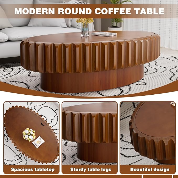 43.3" Oval Drum Coffee Table with Storage Modern Unique Fluted Tea Table Contemporary Wood Oval Coffee Table Centr Table for Living Room Apartment (brown-43.3in)