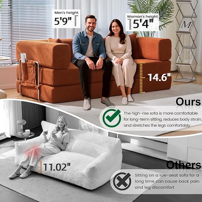 Folding Sofa Bed Convertable Corduroy Couch King Size Floor Sleeper 4-in-1 DIY Combination Modular Sofa Fold Out Futon Lounge Comfy Foldable Lazy cama for Living Room (Orange, 70.86")