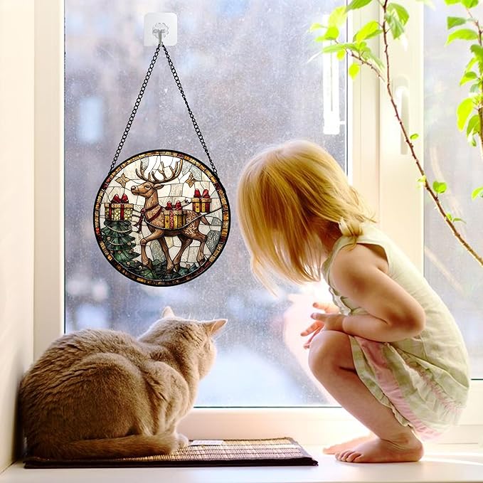 Stained Glass Window Hanging, Christmas Tree Elk Sun Catchers Colorful Glass Panel Retro Suncatcher Decor for Birthday for Women, Men, Wife, Aunt, and Mom 6.3 in