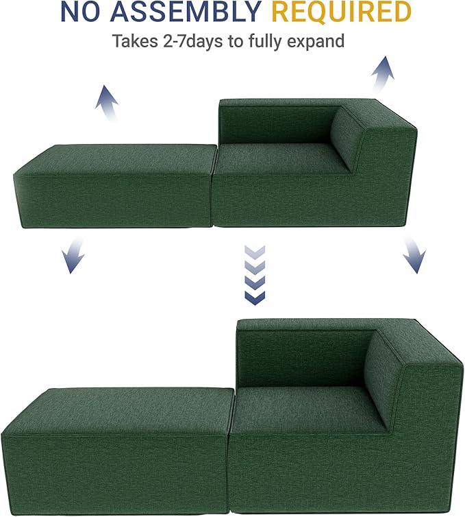 76" Sectional Compressed Sofa Modular Couches,High-Density Foam No Assembly Required, 2-Piece(1x Corner 1x Ottoman) for Living Room, Chenille Green