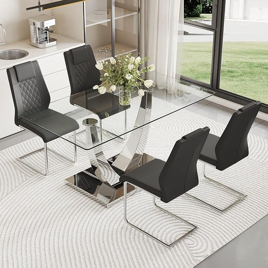AZmac 63” Glass Dining Room Table Set for 4, Modern Kitchen Table and Chairs Set of 4, Dining Sets with Rectangular Tempered Glass and Sturdy Silver Chrome Base, for Kitchen Home