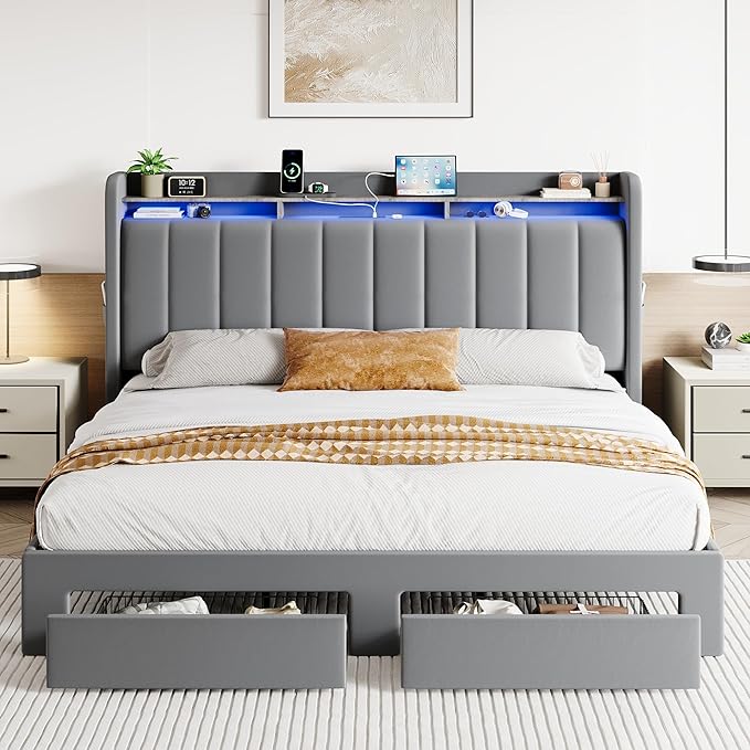 SHA CERLIN Velvet King Size Bed Frame with Vertical Channel Tufted Wingback Headboard & 2 Storage Drawers/2-Tier Shelves with LED Lights & Charging Station/Noise-Free/No Box Spring Needed/Light Grey