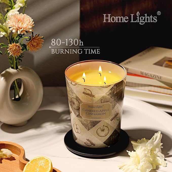 HomeLights 3-Wick Candles for Home Scented - 34oz Soy Wax Blend Candle Long-Lasting Fragrance, Rustic Modern Home Decor and Housewarming Gifts, Candied Apple Cinnamon