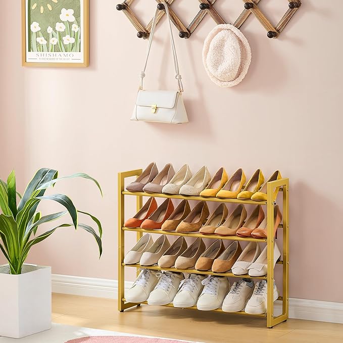 FAVOOSTY 4-Tier Expandable Shoe Rack, Adjustable Shoe Shelf Storage Organizer Space Saving Metal Free Standing Shoe Rack for Entryway Closet Doorway, Gold