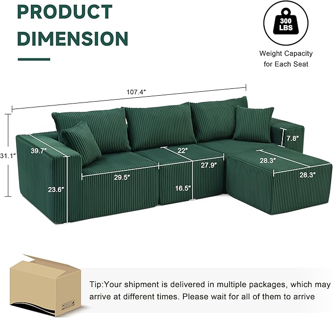 107.4" Cloud Couch Sectional, Modular Sofa with Deep Seat, Plush Corduroy L Shaped Boneless Couch, Convertible Sectional Couches for Living Room, 4Seat, Green