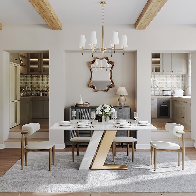 POVISON 71" Modern Dining Table for 6, Luxury Rectangle Dining Table Sintered Stone Dining Tabletop with Z-Shaped Stainless Steel Pedestal for Dining Room, Living Room (Table Only)