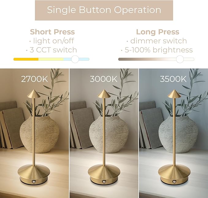 Arrrow LED Cordless USB-C Re-Chargeable Desk Lamp, 5200mAh Battery Operated with 3 Color Temperature 2700K-3000K-3500K and Fingertip Touch On/Off Plus Dimming in Satin Brass