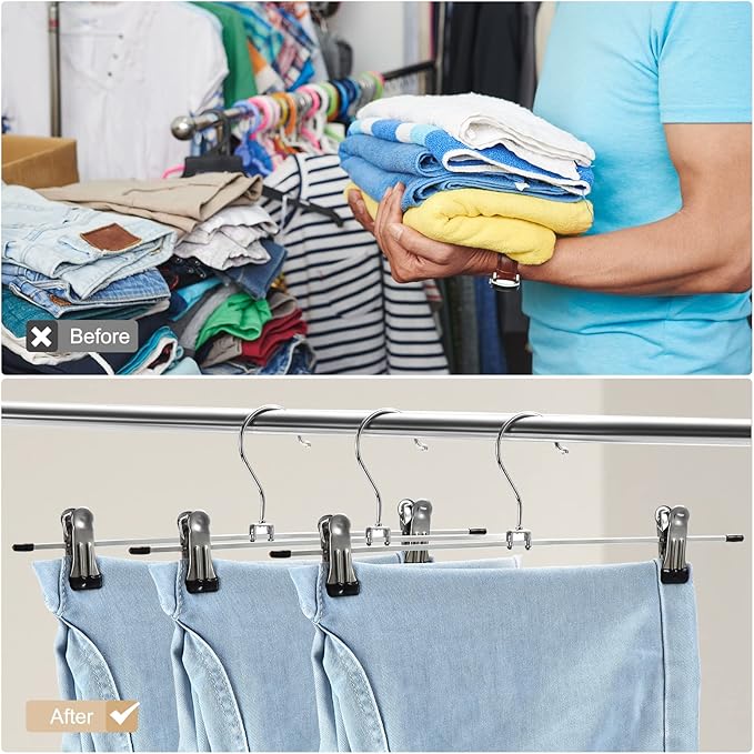 Pants & Skirt Hangers with Adjustable Non-Slip Clips, Space Saving Metal Hangers for Coat, Garment, Jeans & Kids Adults (20 Pack)