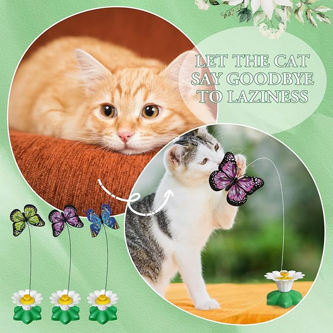 Vinsot 3 Pcs Electric Teasing Cat Toy Flying Interactive Cat Toy Automatic 360° Rotating Kitten Play Chase Supplies with 6 Pcs Replacement Head with Wire(Butterfly)