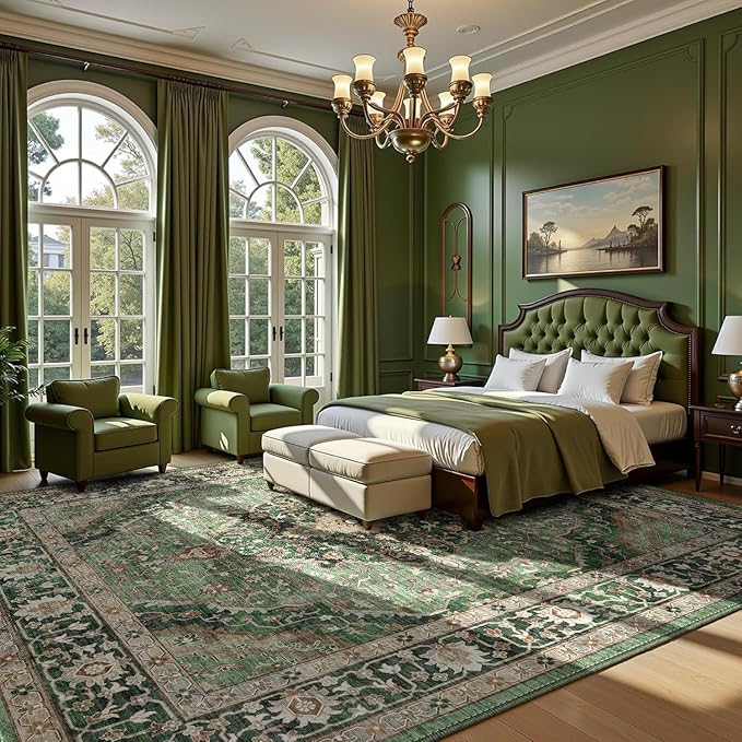 10x12 Green Rugs for Living Room Bedroom, Washable Area Rugs Non Slip Large Rug for Dining Room Office, Floor Decoration Vintage Boho Big Rug Carpet Low-Pile Kid & Pet Friendly