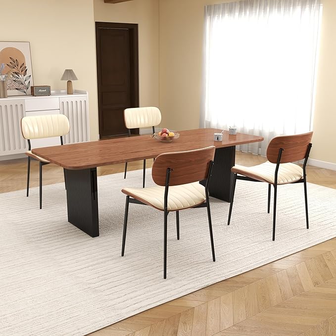 Mid Century Modern Dining Chairs Set of 4,Upholstered Faux Leather Kitchen Chairs with Walnut Bentwood Back and Metal Legs for Kitchen Dining Room Living Room, Beige