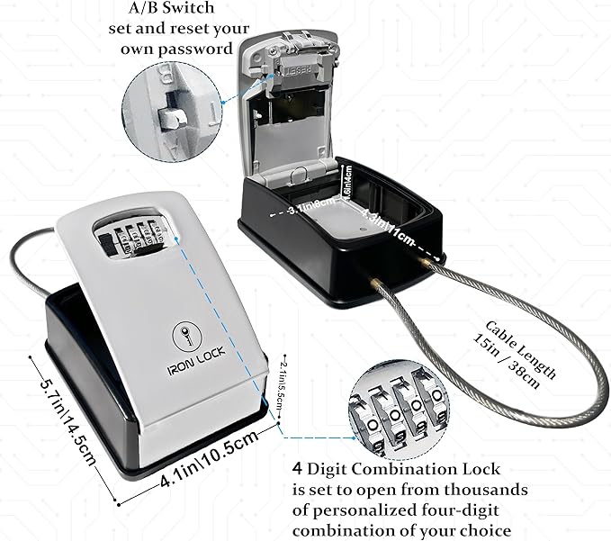 Iron Lock® Key Lock Box Portable with Cable Shackle & Wall Mount – Waterproof Heavy Duty Metal Lock Box for Keys with 4-Digit Combination Code on Door Knob, Fence, Pipe or Gate (Grey, XXL)