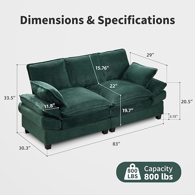 83" Loveseat Sofa, Cloud Couches for Living Room, Comfy Corduroy Couch with Deep Seat, Love Seat Couches for Bedroom, Apartment and Office, Easy Assemble for Small Space (Green)