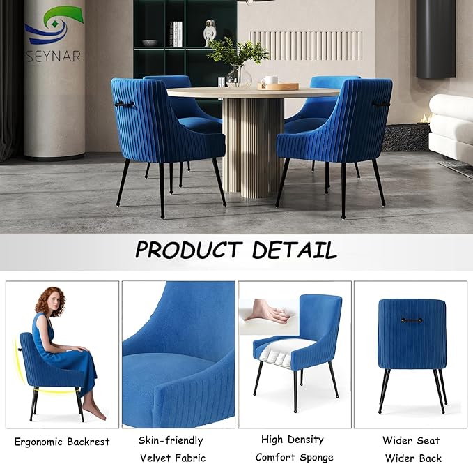 Velvet Dining Chairs Set of 2,Blue Upholstered Living Room Chairs with Black Metal Legs, Modern Tufted Accent Chairs for Living Room, Study Room, Kitchen