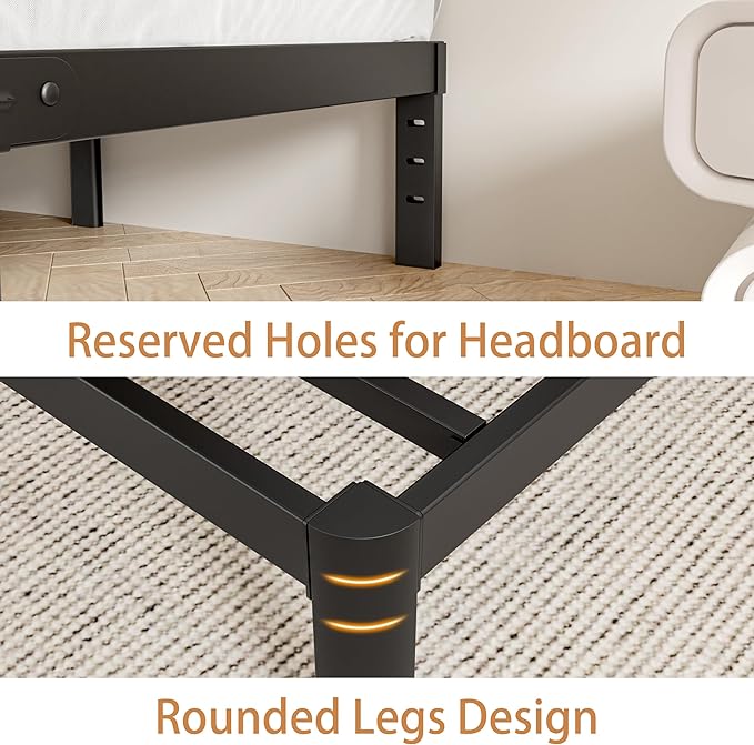 King Bed Frame Black, 14 Inch Metal King Size Bed Frame No Box Spring Needed, DIY Headboard Holes, Heavy Duty Steel Support 3500 LBS, Noiseless, Round Corner Legs, Storage Space, Easy Assembly