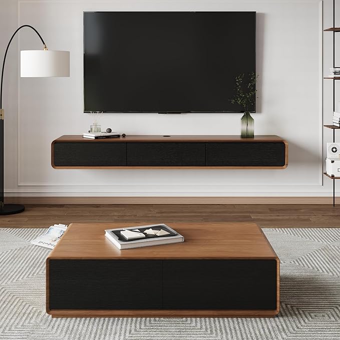 POVISON Modern Coffee Table for Living Room, 51 inch Square Coffee Table with Storage, 4-Drawers Wood Table, Full-Assembled, Walnut and Black