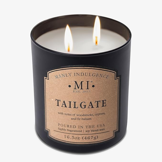 Manly Indulgence Tailgate Scented Candles for Men, 2 Wick, 16.5 oz Premium Soy Blend Wax, 60H Burn, Candles for Home Scented - Made in The USA
