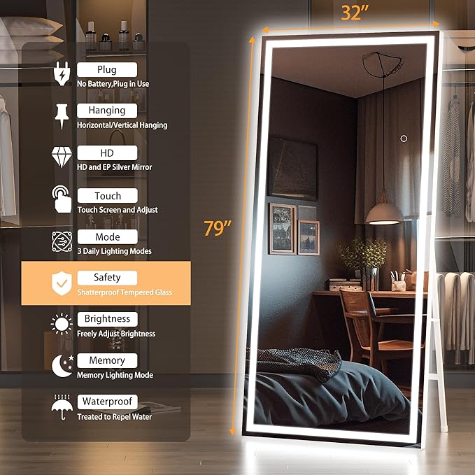 Hasipu Full Length Mirror with Lights, 79" x 32" LED Lighted Floor Standing Mirror, Full Body Dressing Hanging Mounted Mirrors, Dimmable, Tempered Glass, Safe to Use, Square White