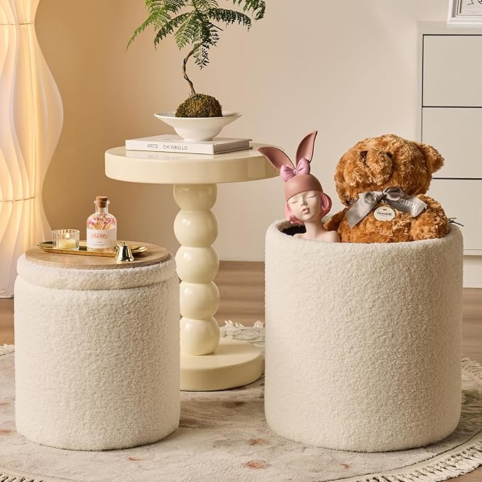 Round Ottoman with Storage Set of 2-Upholstered Sherpa Vanity Stool for MakeupMultifunctional Ottomans Coffee Table Padded Seat Foot Rest for LivingRoom&Bedroom(Sherpa White)