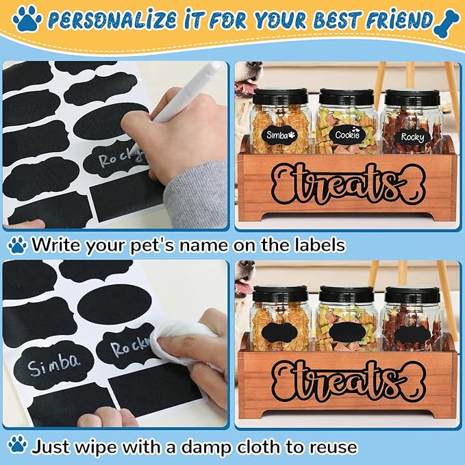 Dog Treat Container Dog Food Container for Dog Food Storage, Farmhouse Cat Food Container Pet Food Storage Organizer, Wood Dog Treat Holder with 3 Plastic Cat Dog Treat Jars, Brown Cat Treat Container