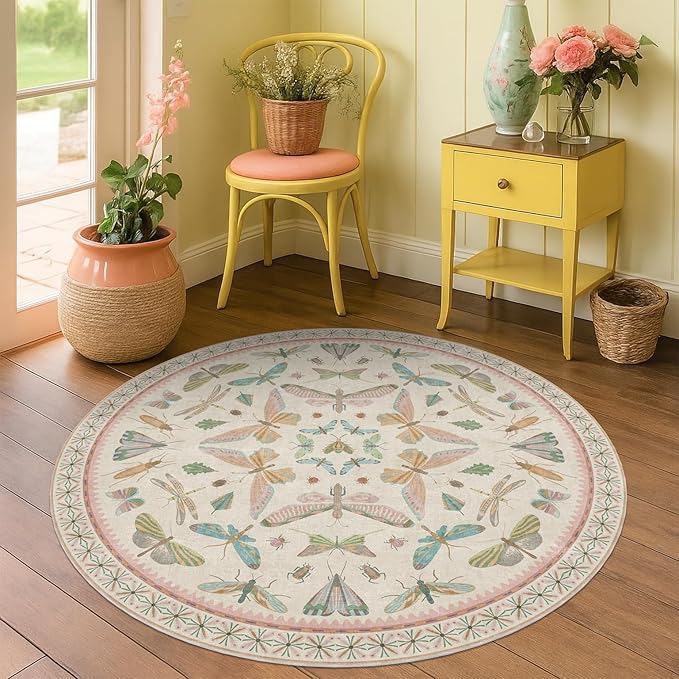 Boho Light Pink 4ft Round Small Throw Rugs for Living Room - Low Pile & Soft Cute Circle Rug for Girls Bedroom, Baby Nursery, Butterfly Pattern Fun Design, Low Pile & Soft Stain Resistant Carpet