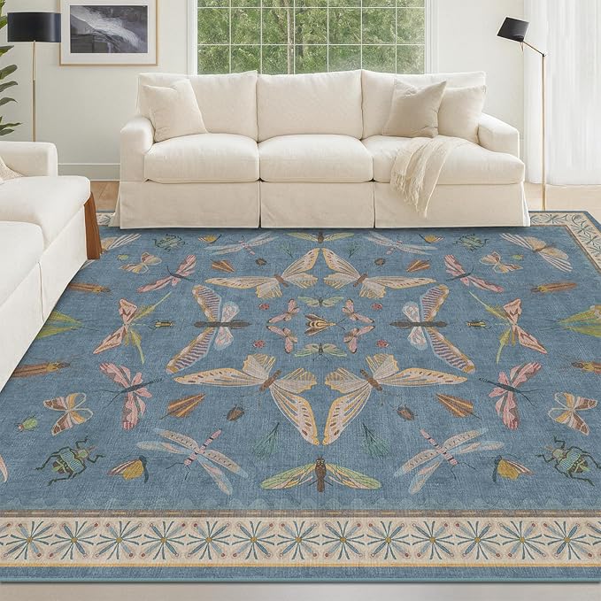 Modern Rugs for Living Room - 5x8 Moth Blue Carpet for Bedroom Under Bed, Girls Room Rug for Kids, Washable Non Slip Soft Floor Décor