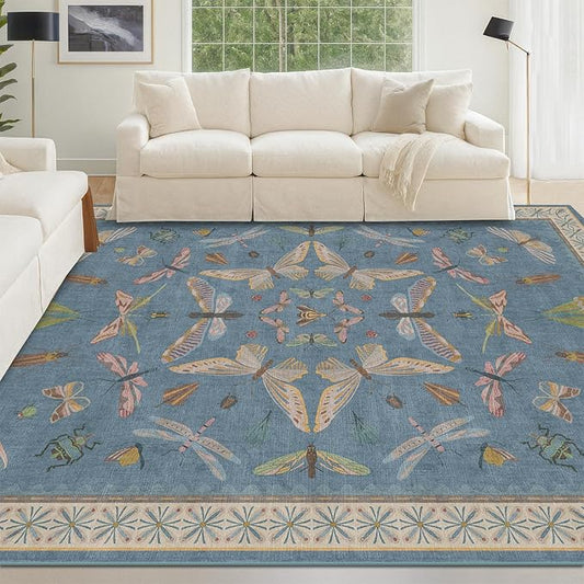 Modern Rugs for Living Room - 5x8 Moth Blue Carpet for Bedroom Under Bed, Girls Room Rug for Kids, Washable Non Slip Soft Floor Décor