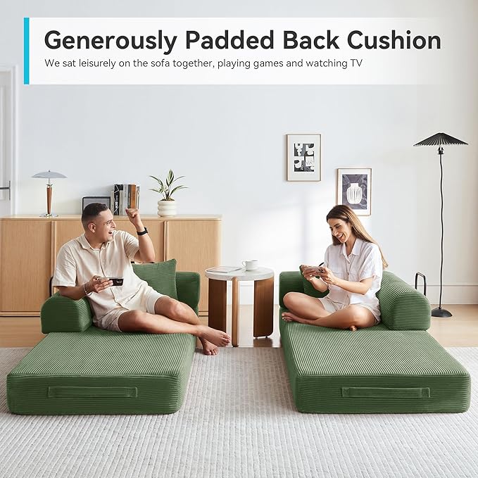 Convertible Floor Sofa Bed with Fixed-Shape Frame, King Size Floor Sleeper 5-in-1 DIY Combination Modular Sofa, Modular Chenille Folding Mattress Couch for Living Room Bedroom Playroom (Green)