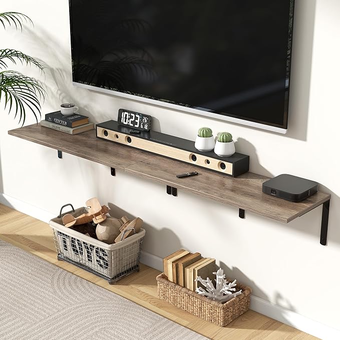 Fun Memories Floating Shelves for Wall, 12 Inch Deep Floating Shelves Set of 2, Wall Mounted Shelf with Metal Brackets, Rustic Wood Wide Shelf for Bathroom, Kitchen and Living Room, Grey, 36W x 12D