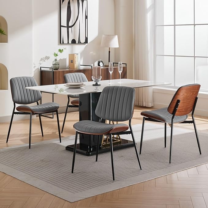 Dining Chairs Set of 4, Mid-Century Modern Upholstered PU Leather Chairs with Walnut Bentwood Back and Metal Legs Adjustable Feet for Kitchen Dining Room, Gray Vertical Stripes