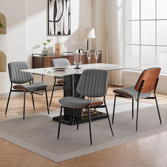 Dining Chairs Set of 4, Mid Century Modern Accent Dining Room and Kitchen Chairs, Upholstered PU Leather Vertical Stripe Chairs for Vanity with Walnut Bentwood and Metal Legs, Gray