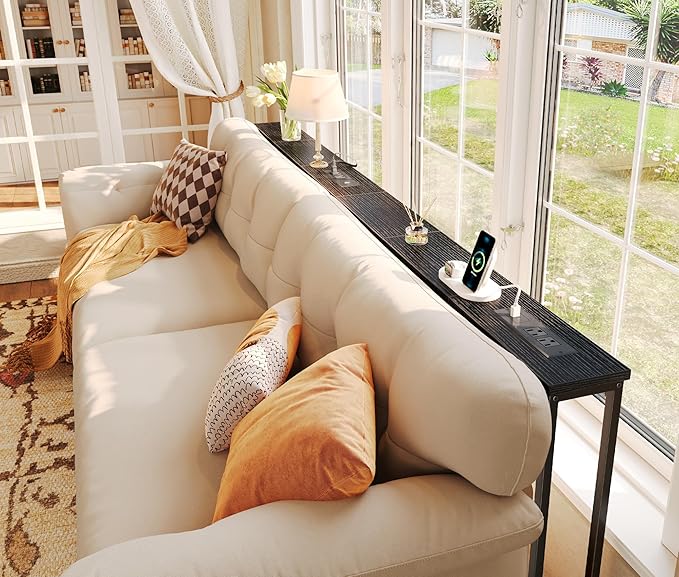 SUPERJARE 78.8 Inch Narrow Console Table with Outlet, Sofa Tables, Behind Couch Table, Long Entryway Tables with Charging Station, for Living Room, Black