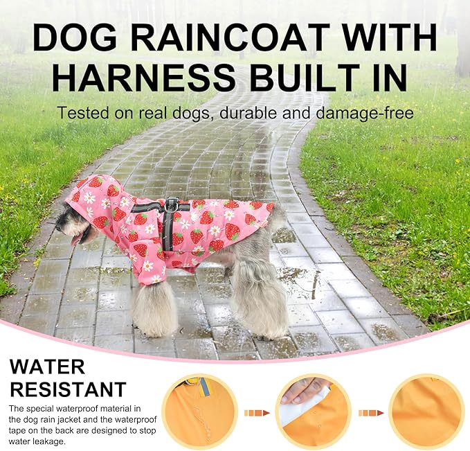BEAUTYZOO Dog Raincoat Hooded with Harness Built-in for Small Medium Large Dogs Girls Boys, Dog Rain Jacket Slicker Poncho, Waterproof Dog Rain Coat Clothes for Winter Rainy Snowy Days, Pink M