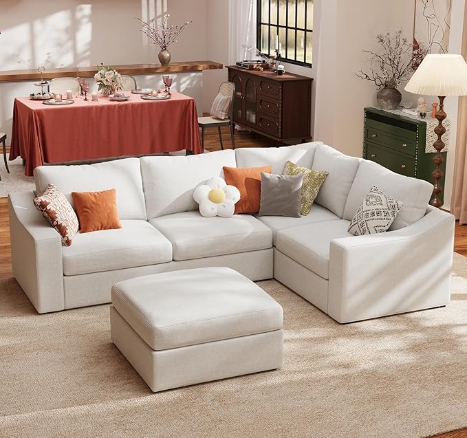 ABCASA 112" Modular Sectional Sofa, Large 5 Seater L Shaped Couch with Detachable Sofa Cover, Movable Ottoman, Deep Seat Corner Couch for Living Room, Apartment - Linen Fabric, Ivory