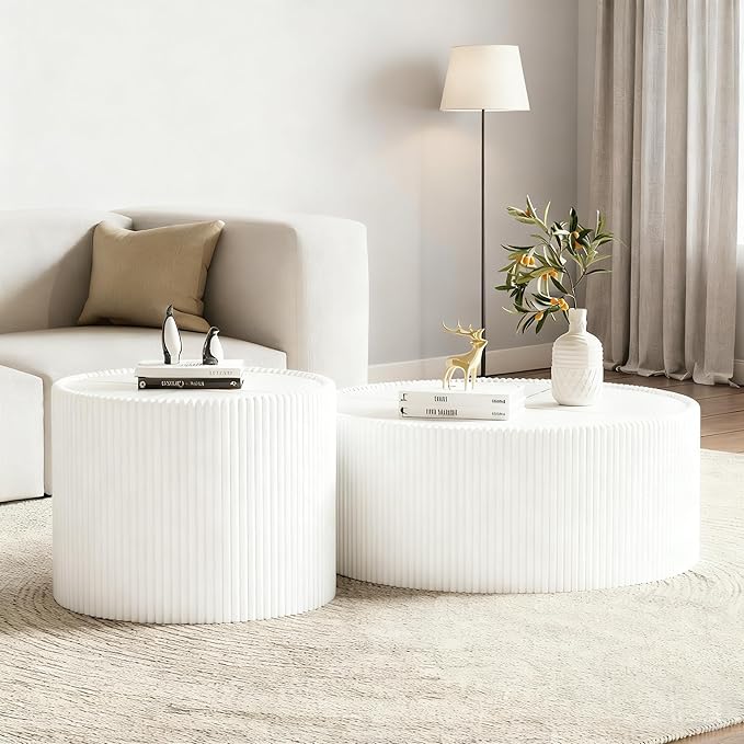 Round Coffee Table Set with Sintered Stone Tabletop, 29.52" White Drum Center Table and 17.71" White Coffee Table Set, 2 Pieces Living Room Table Set with Fluted PU Leather Cover& Stable Base
