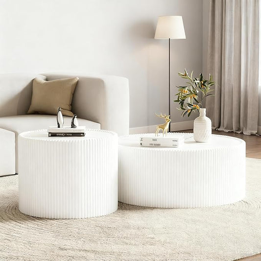 Round Coffee Table Set with Sintered Stone Tabletop, 29.52" White Drum Center Table and 17.71" White Coffee Table Set, 2 Pieces Living Room Table Set with Fluted PU Leather Cover& Stable Base