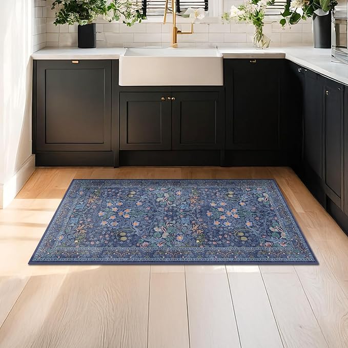 Dark Blue Washable 2x4 Entry Rug - Front Door Rugs Indoor, Vintage Floral Style Small Rug for Kitchen, Bathroom, Non-Slip Boho Navy Entryway Décor