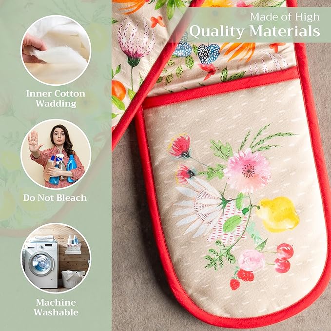 Maison d' Hermine Double Oven Mitts 100% Cotton 7"x35" Double Oven Mitt Heat Resistant BBQ Cooking Gloves with Loop, Baking, Grilling, Kitchen, Handling Hot Pans Spring Summer (Jardin D'Ete - Fog)