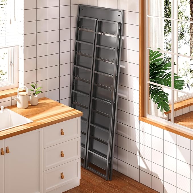 4NM No Assembly 6 Tiers Folding Bookshelf Storage Shelves Vintage Bookcase Standing Racks Study Organizer Home Office (All Black)