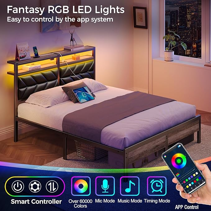 Seventable Bed Frame Queen Size with Charging Station, LED Bed with Upholstered Storage Headboard, Metal Platform Bed with Under Bed Storage, No Box Spring Needed, Noise Free, Easy Assembly, Black