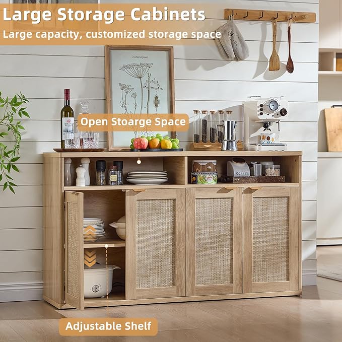 LEYAOYAO Rattan Sideboard Buffet Cabinet,55" Coffee Bar Cabinet with 4 Doors & Open Storage Shelf,Modern Credenza Console Table for Living Room Rattan Farmhouse Entryway Natural