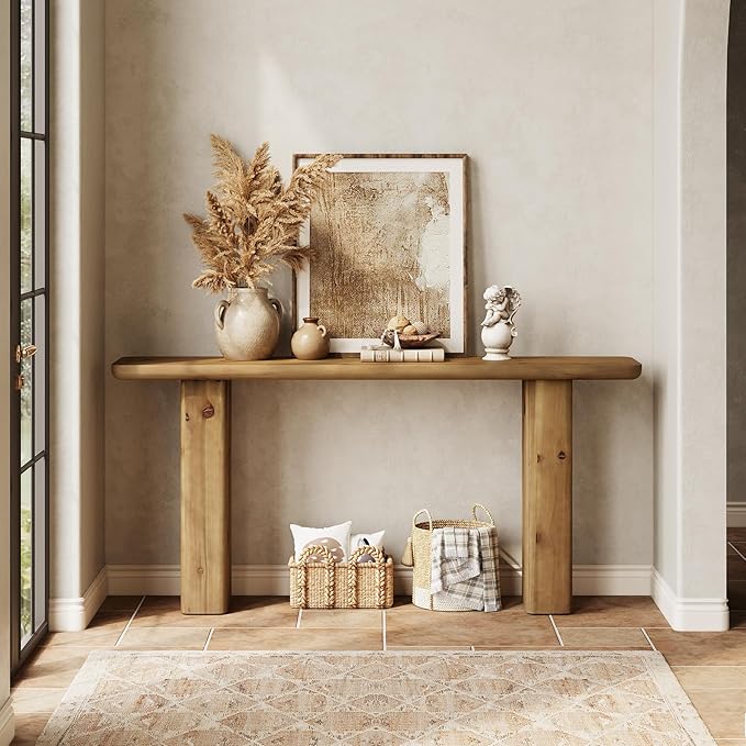 63-Inch Solid Wood Console Table, Wooden Sofa Table Behind Couch, Farmhouse Entryway Table, for Living Room, Foyer, Hallway, Entrance, Easy Assembly, Rustic Brown