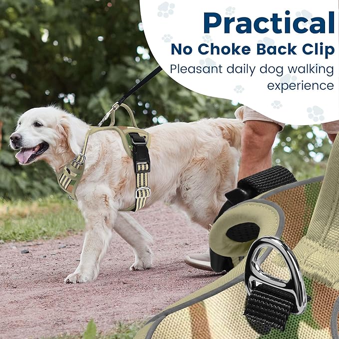 Funfox Dog Harness No Pull, Adjustable Pet Vest Harness, Super Soft Material with Vertical Handle Easy Control, Reflective Night Walking, 2 Leash Clips for Medium Sized Dogs, Camo Green, M